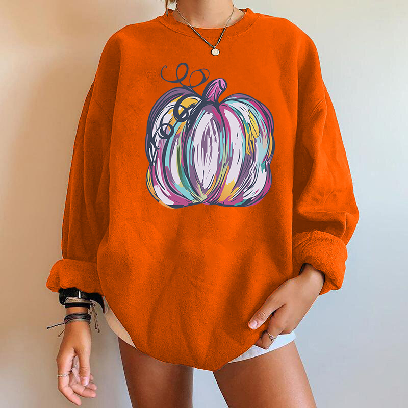 Halloween Pumpkin Letter Print Drop Shoulder Section Fleece Sweatshirt