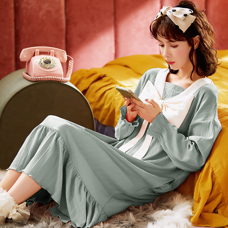 Long-sleeved Nightdress Women's Spring And Autumn Pure Cotton Extra Long