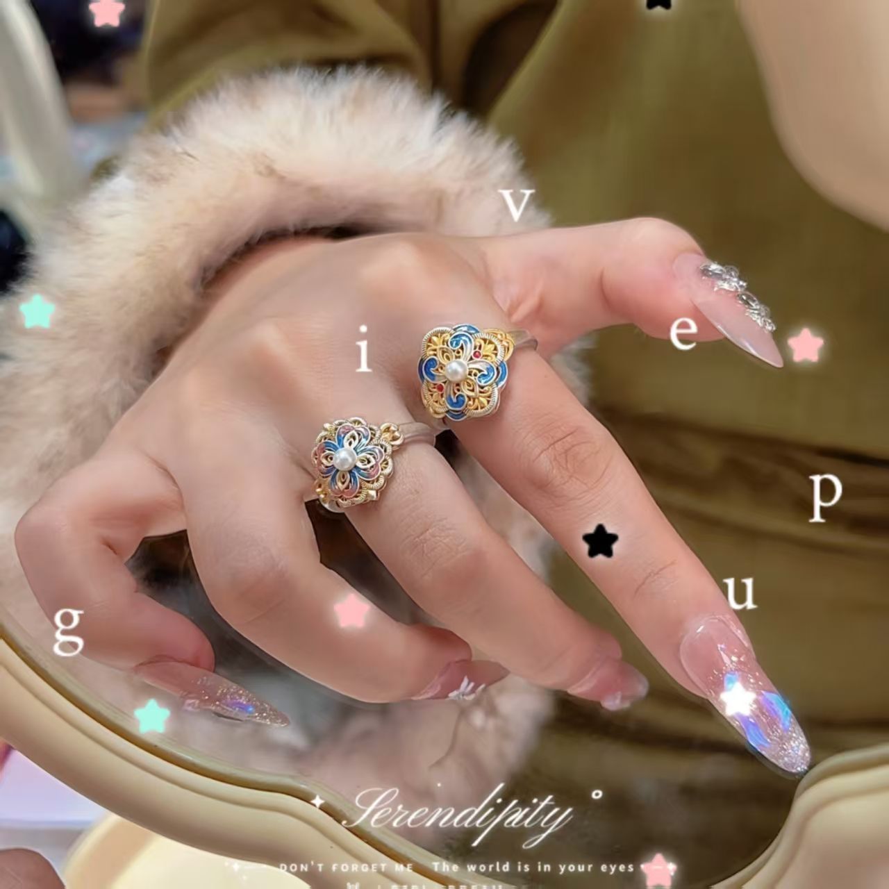 Gilded Floral Intangible Cultural Heritage Filigree Ring, Royal Blue Enamel Retro Open Ring, Skin-flattering, Fade Resistant, Best Gift