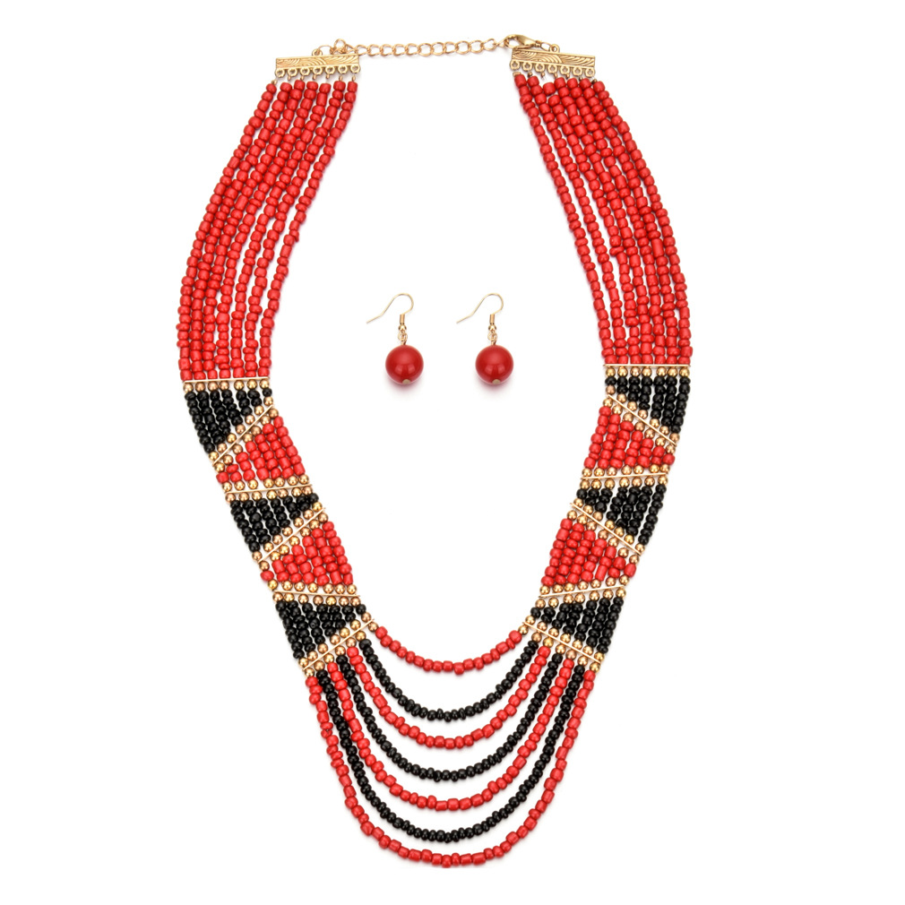 Multilayer Handmade Beaded Rice Bead Necklace And Earring Set
