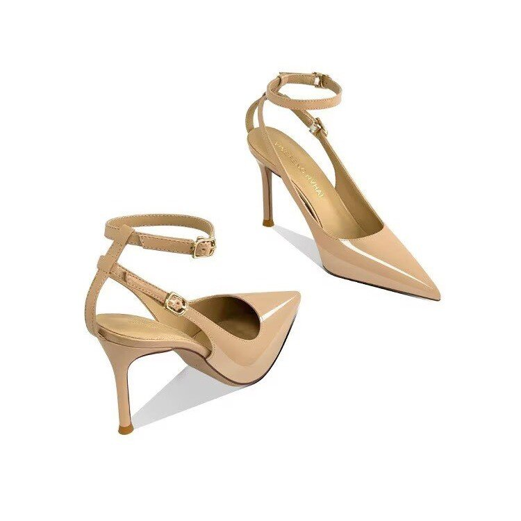 Women's Minimalist European & American Style Pointed Toe Patent Leather Stiletto Sandals, Ankle Strap, Slim Fit, Sexy Nightclub Shoes