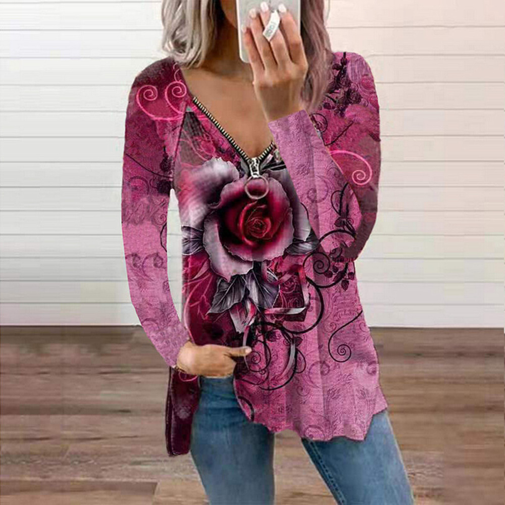 Title 3, Fashion Print V-Neck Long Sleeve Zip Casual Loo...