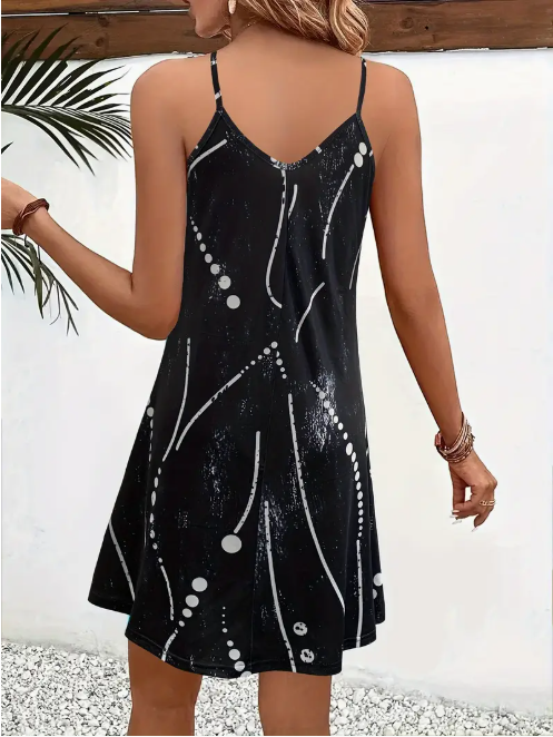 Casual Sleeveless Spring & Summer Geo Print V Neck Cami Dress, Women's Clothing