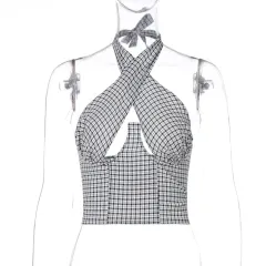 Women's New Cross Straps Wrap Chest Zipper Plaid Vest - Black - View 1