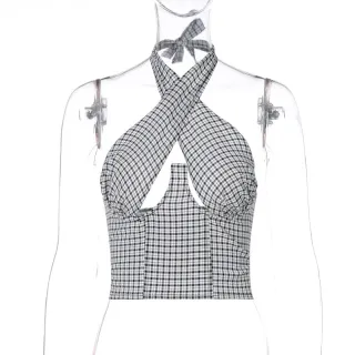 Women's New Cross Straps Wrap Chest Zipper Plaid Vest - Black