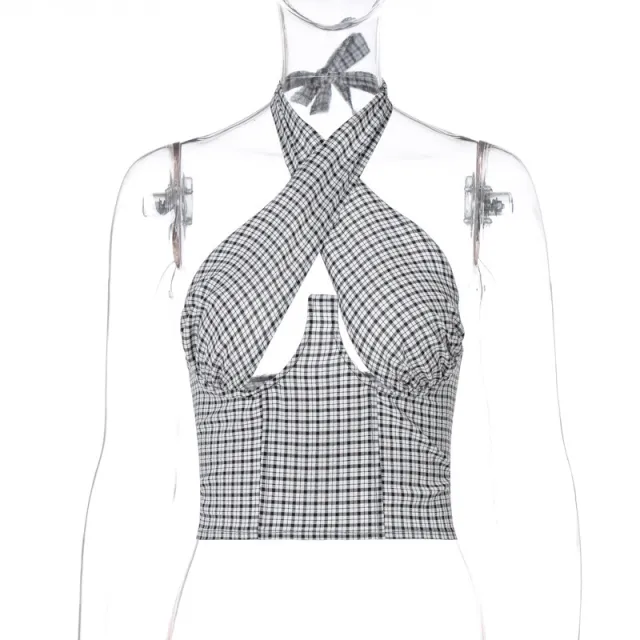Women's New Cross Straps Wrap Chest Zipper Plaid Vest Black - Shop at LoveMi