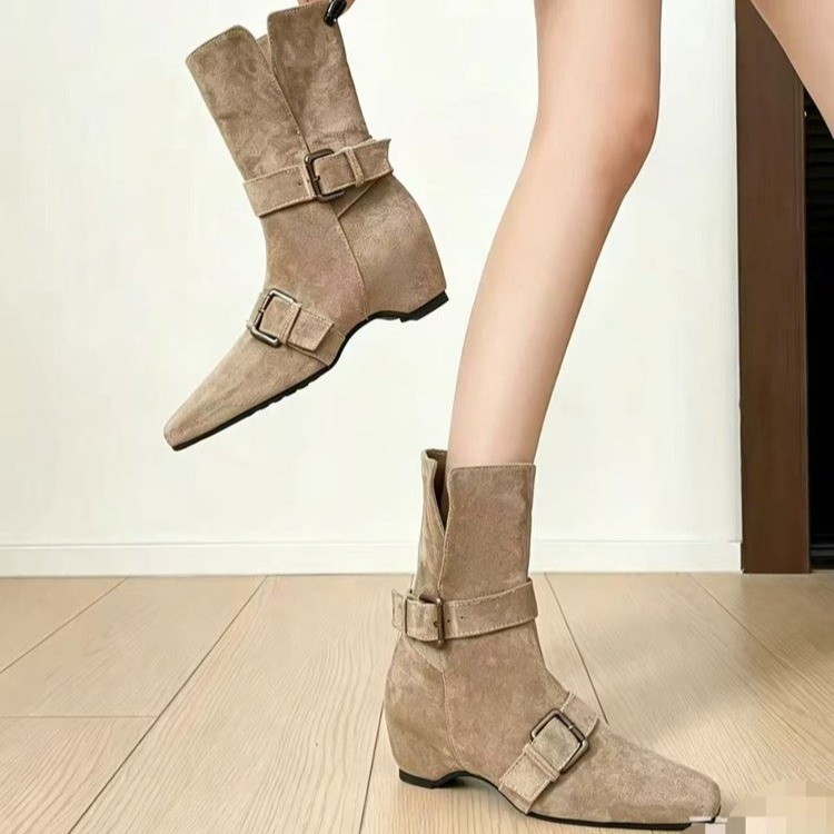 Women Retro Mid Calf Western Boots With Belt Buckle, 2026 Autumn Winter New Fashion Boots, Foldable Two-way Wear