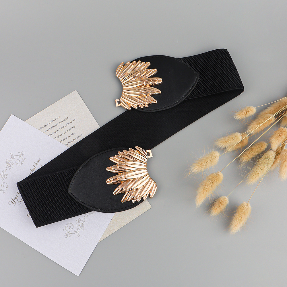 New Autumn Winter Black Elastic Waistband Sunflower Alloy Buckle Waist Cover All Match Slim Elegant Design Decorative Coat