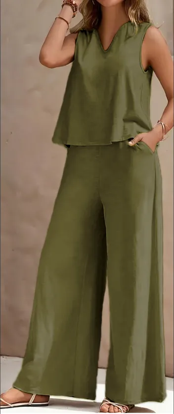 Vibrant Solid Color Casual Pants Set V Neck Sleeveless Tank Top, Wide Leg Pants With Pocket, Polyester Fabric, Machine Washable Perfect For Sum... Army Green - Shop at LoveMi