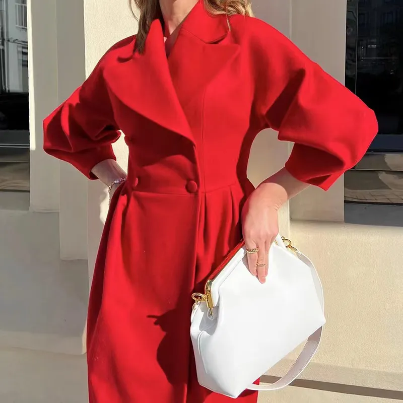 Women's Classic Winter Long Coat, Double-Breasted Belted Trench With Wide Lapel, Solid Color Oversized Overcoat For Casual Style - Red