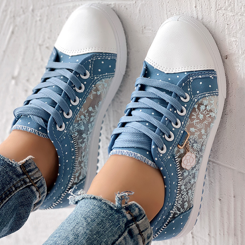 Floral Embroidered Polka Dot Print Sneakers