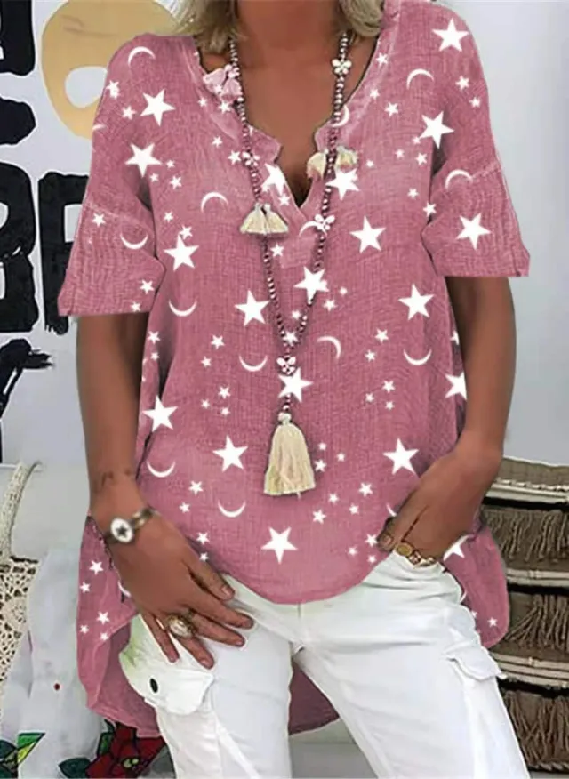 Hot V neck Star Print Short sleeve Shirt Top Red - Shop at LoveMi