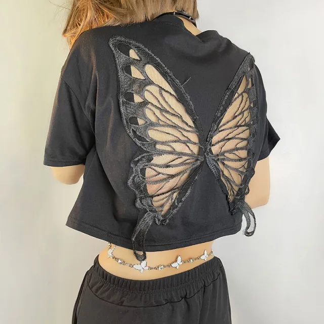 Black Lace Butterfly Belly Button Cropped T shirt Black - Shop at LoveMi