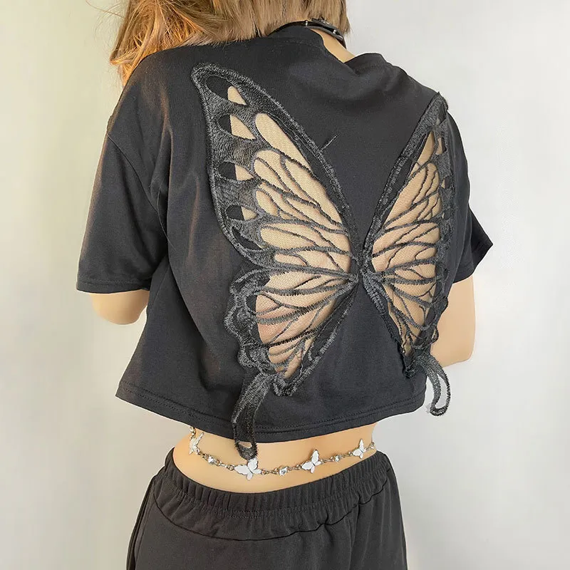 Black Lace Butterfly Belly Button Cropped T-shirt - Black