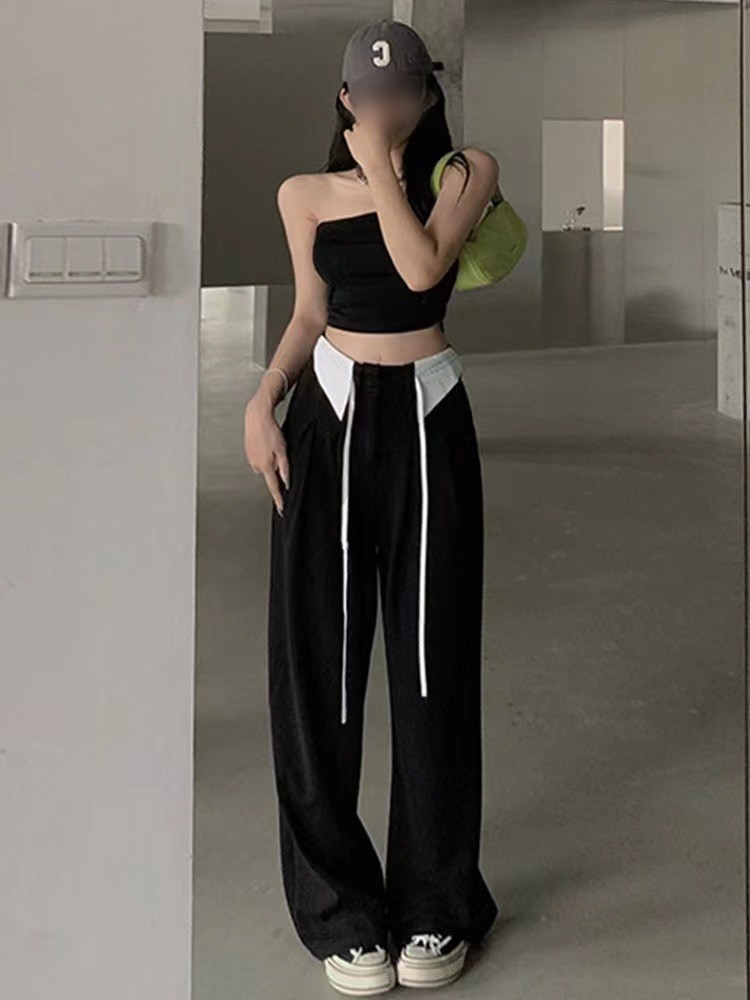 High-waist Design Cuffed Lace Up Loose Thin Sagging Wide Back Pants