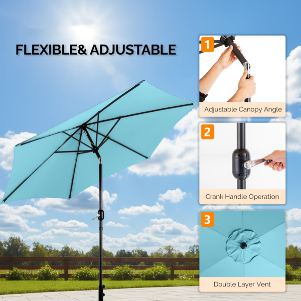 9ft Patio Umbrella, Outdoor Market Umbrella With Push Button Tilt, Crank Handle, 6 Sturdy Iron Ribs, UPF Waterproof Polyester Canopy, KD Design For Garden, Deck, Backyard, Poolside, Sky Blue - Image 26