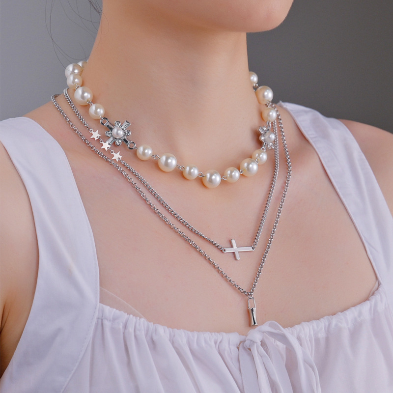 New Personality Simple Style Double-layer Pearl Cross