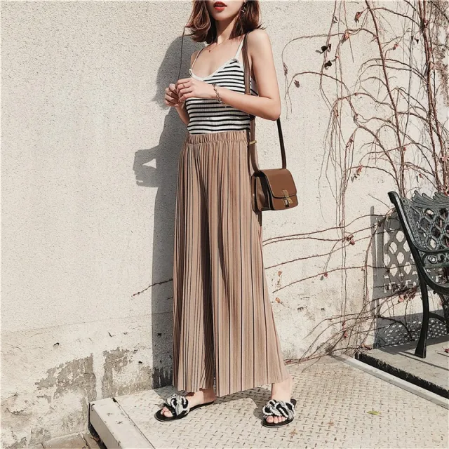 High Pleated Chiffon Wide leg Pants For Women In Spring And Summer Pleated Chiffon Khaki - Shop at LoveMi