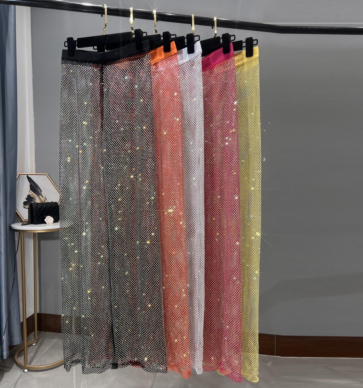 Rhinestone Straight Mesh Wide Leg Slim Fit Flattering Mopping Pants