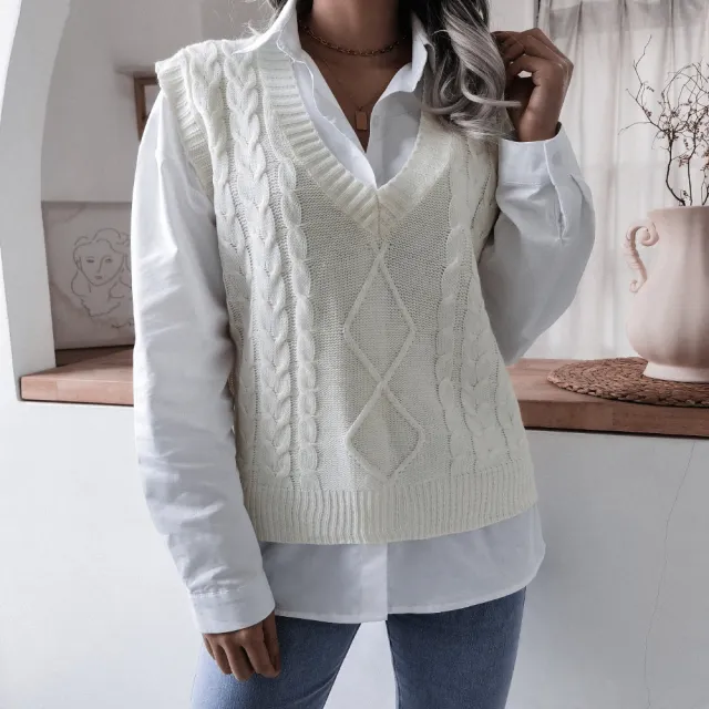 Women's V neck Fried Dough Twist Casual Loose Knit Sweater Vest White - Shop at LoveMi