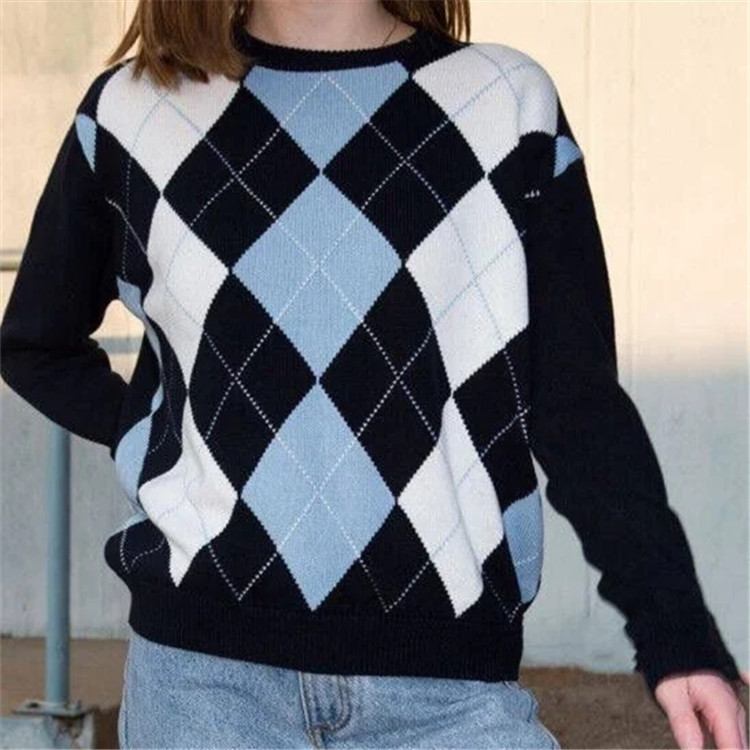 Title 2, Diamond lattice pullover sweater female ins net...