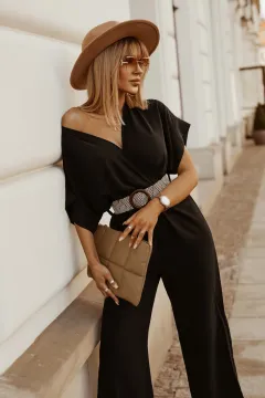New Short Sleeve V-Neck Doll Sleeve Elastic Waist Jumpsuit - Black - View 1