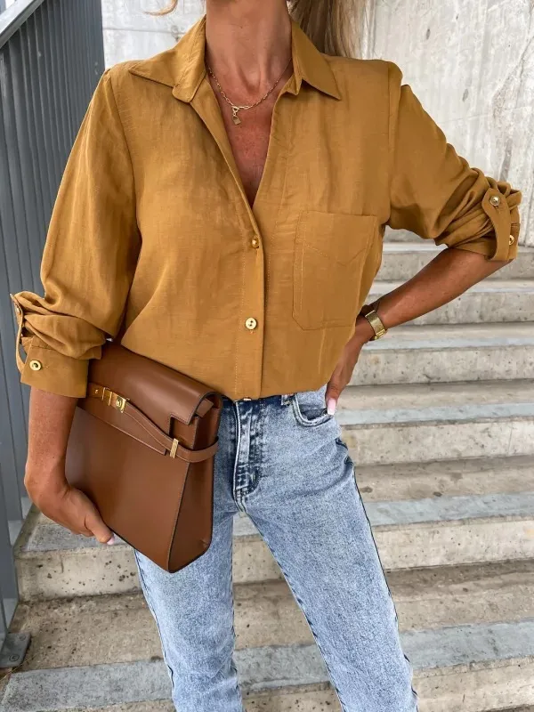 Women's Simple Solid Color Roll Sleeve V Neck Button Lapel Shirt Yellow - Shop at LoveMi