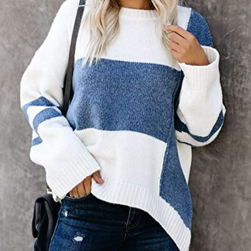 Title 1, Contrast Stitching Round Neck Pullover Sweater ...