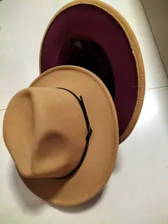 European And American Popular Woolen Top Colour Matching Flat Brim Fedora Jazz Hat - Camel Inner Wine Red - View 1