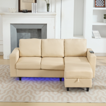 L-Shaped Sofa With Storage, 3 Seater Corner USB, LED Lights, Couches Side