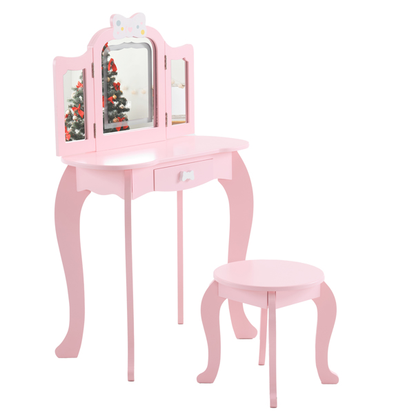 Kids Vanity Table And Chair Set, 2-in-1 Girls Vanity With Tri-Folding Mirror &... 6