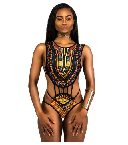 New One Piece Swimsuit With Bikini Print - Black