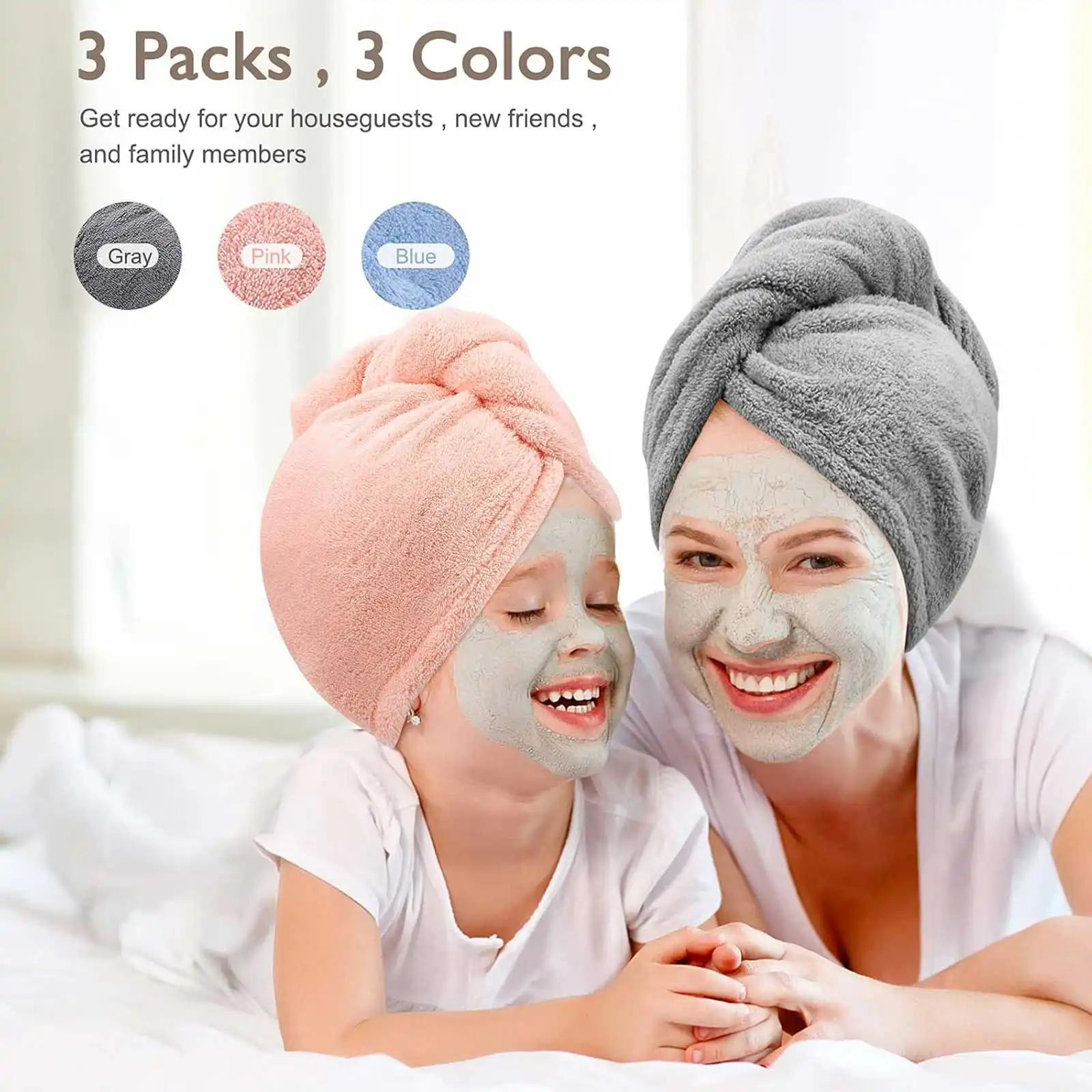Women 3 PC Microfiber Hair Towel Wrap Ultra Absorbent Hair Turbans For Curly, Long & Thick Hair Blue,Grey,Pink
