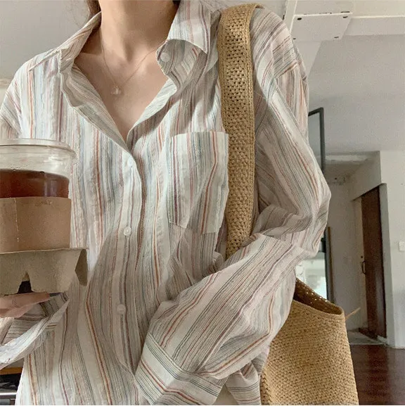 Vintage Temperament Colorful Pinstripe Shirt Coloured Striped Shirt - Shop at LoveMi