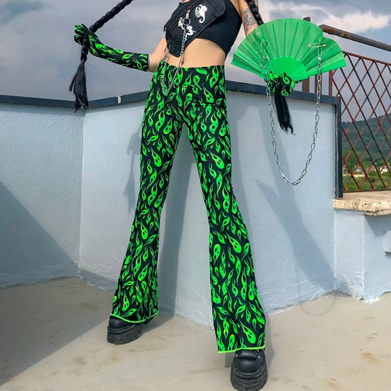 Title 4, European and American print green flared trousers