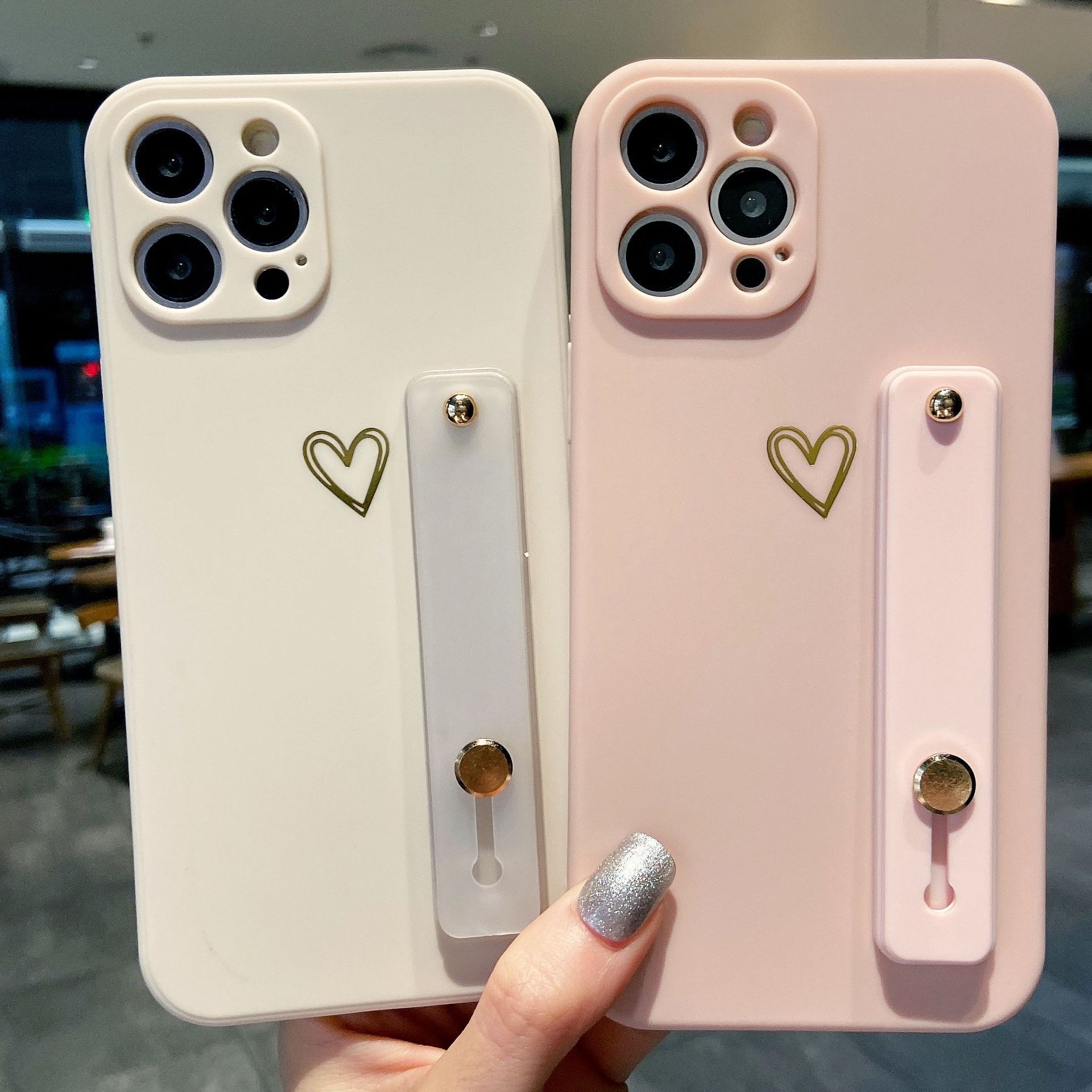 Coque de téléphone avec support cœur à dorure à chaud – gris – iPhone XS Max