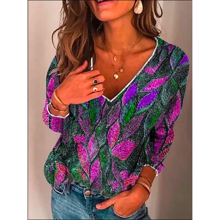 New Hot Style Printed V-neck Long-sleeved T-shirt Women