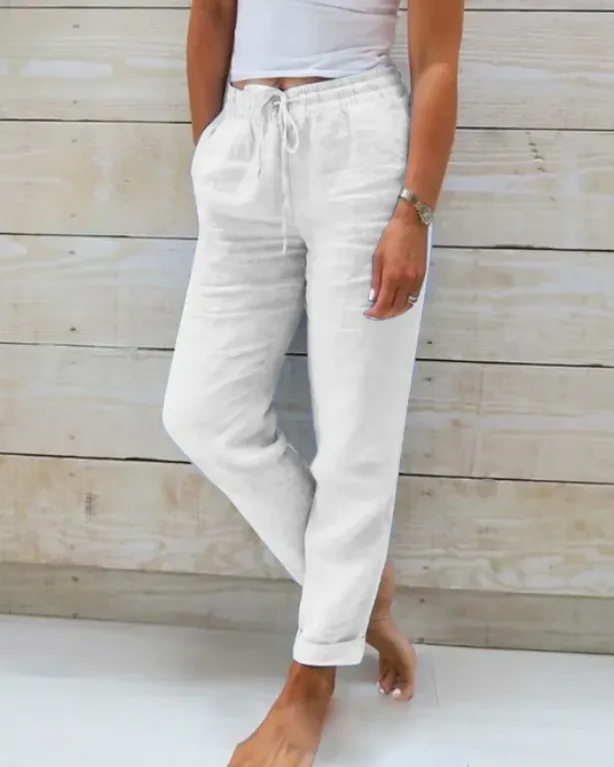 Elastic Waist Solid Cotton Hemp Pants White - Shop at LoveMi