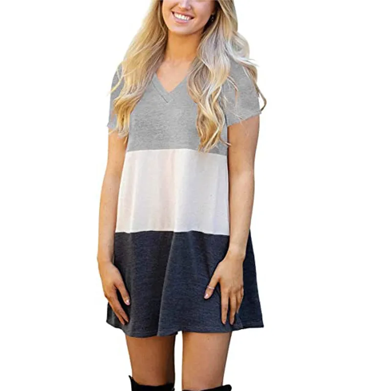 Beautiful Women's Color Matching V-neck Loose T-shirt Dress - Grey