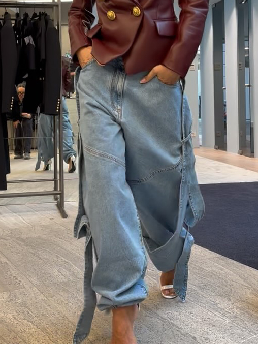 Light Blue Denim Wide Leg Pants With Dramatic Flap Details And Oversized Fit Blue - Shop at LoveMi