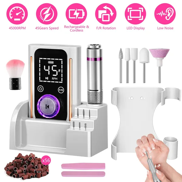 Portable Electric Nail Drill Bit 45000 RPM With 11 Bits Base Waist Clip Cordless Rechargeable Nail File Machine For Professional Salon Home Acrylic Nails Remove Nail Gel Polish Manicure 12