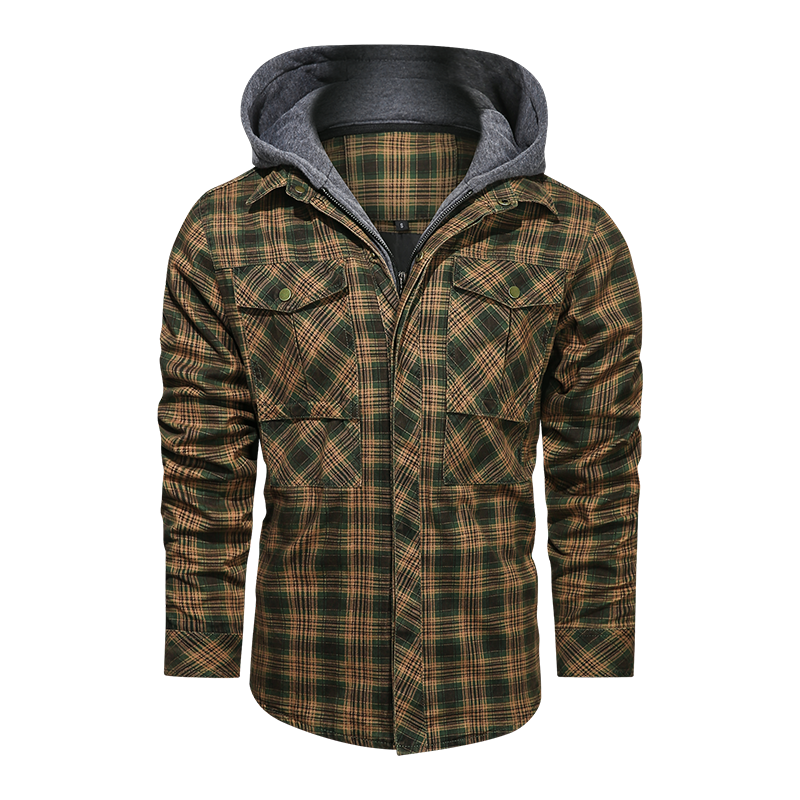 Men long-sleeved plaid jacket regular fit with fleece and detachable hoodies.