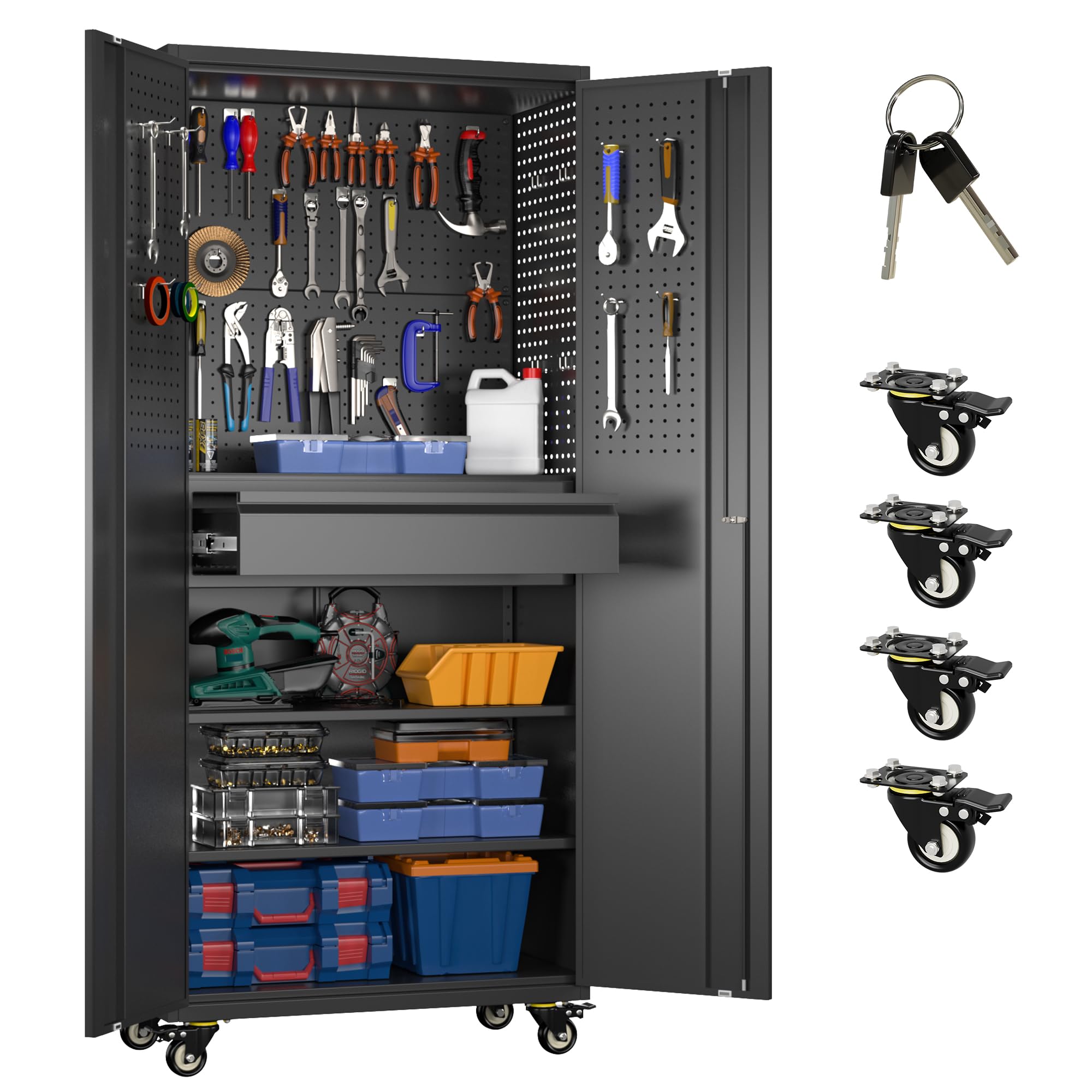 71inch Rolling Metal Storage Cabinet With Lock & Pegboards, Black