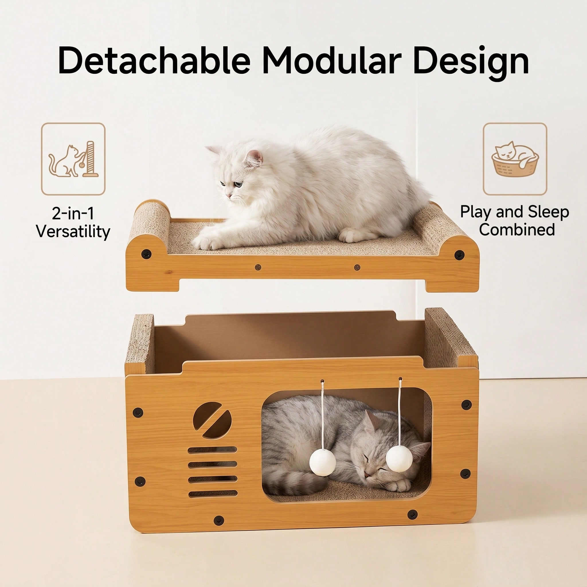 Cat Furniture Combo Set, 3 Style Multi Size Wooden Cat Scratcher House And 2 In One Blue White Automatic Feeder Water Dispenser 1600ml Food 800ml Water, All In One Feed Drink Rest Play Kit view 3