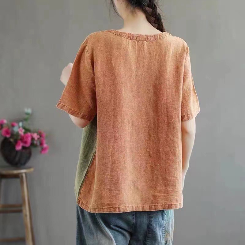 Contrast Color Cotton Linen T-shirt Women's