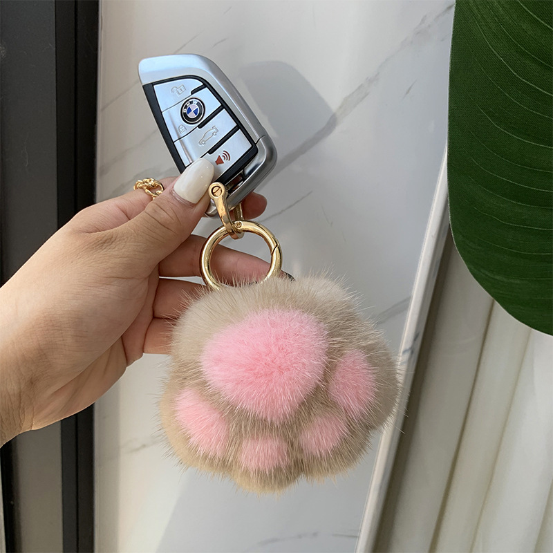 Cat Claw Mink Fur Imitation Fur Hanging Ornament Key Chain Khaki Pink - Shop at LoveMi