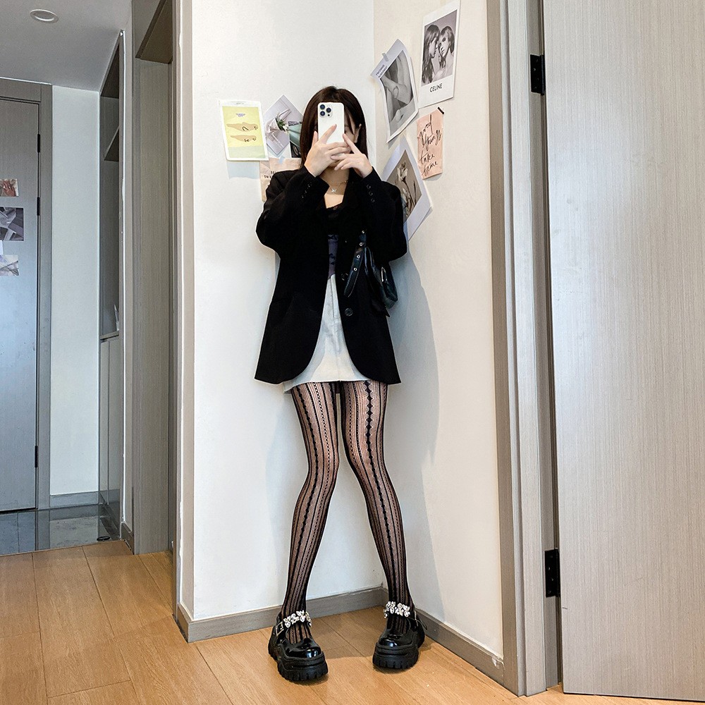 Black Stockings Base Socks, Thin Cut Hollow Jacquard Sexy Socks With Diamond Pattern Lines, Mesh Socks