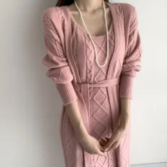Linen Pattern Cardigan Sweater, Knitted Suspender Dress Inside - Pink - View 1
