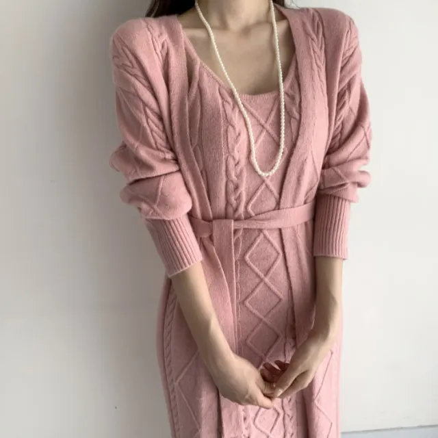 Linen Pattern Cardigan Sweater, Knitted Suspender Dress Inside Pink - Shop at LoveMi