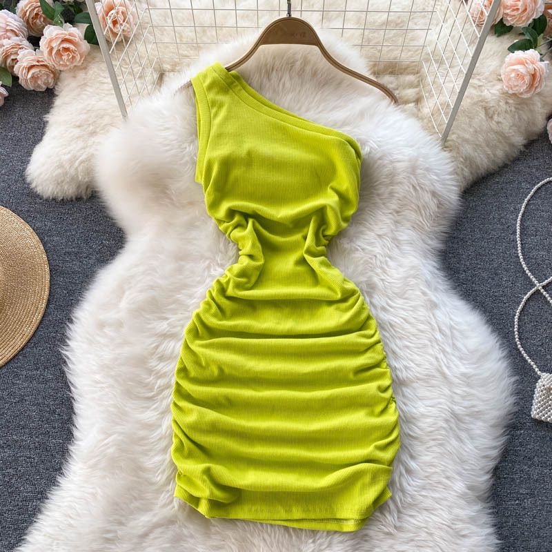 Women's Slanted Shoulder Tube Top Pleated Solid Color Dress - 7